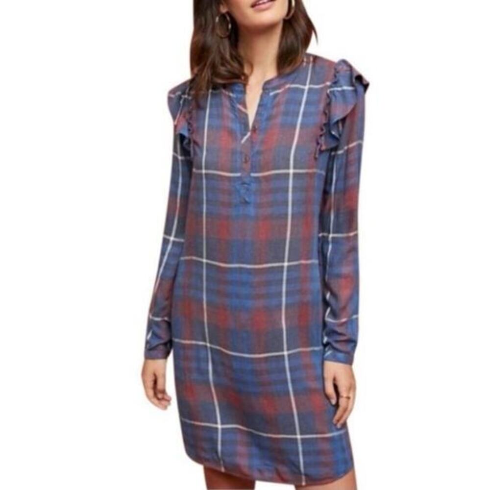 Anthropologie Cloth & Stone Dress Large Plaid Tunic Babydoll long sleeve Chore